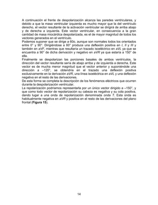 14
A continuación el frente de despolarización alcanza las paredes ventriculares, y
debido a que la masa ventricular izquierda es mucho mayor que la del ventrículo
derecho, el vector resultante de la activación ventricular se dirigirá de arriba abajo
y de derecha a izquierda. Este vector ventricular, en consecuencia a la gran
cantidad de masa miocárdica despolarizada, es el de mayor magnitud de todos los
vectores generados en el ventrículo.
Podemos suponer que se dirige a 60o, aunque son normales todos los orientados
entre 0° y 90°. Dirigiéndose a 60° produce una deflexión positiva en I, II y III y
también en aVF, mientras que resultaría un trazado isoeléctrico en aVL ya que se
encuentra a 90° de dicha derivación y negativo en aVR ya que estaría a 150° de
ella.
Finalmente se despolarizan las porciones basales de ambos ventrículos, la
dirección del vector resultante sería de abajo arriba y de izquierda a derecha. Este
vector es de mucha menor magnitud que el vector anterior y suponiéndole una
dirección a –120°, se obtendría en el trazado una deflexión positiva
exclusivamente en la derivación aVR, una línea isoeléctrica en aVL y una deflexión
negativa en el resto de las derivaciones.
De esta forma se completa la descripción de los fenómenos eléctricos que ocurren
durante la despolarización ventricular.
La repolarización podríamos representarla por un único vector dirigido a –150°, y
que como todo vector de repolarización su cabeza es negativa y su cola positiva,
dando lugar a una onda de repolarización denominada onda T. Esta onda es
habitualmente negativa en aVR y positiva en el resto de las derivaciones del plano
frontal (Figura 15).
 