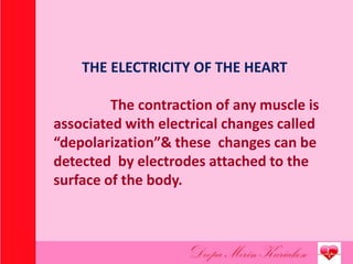 THE ELECTRICITY OF THE HEART
The contraction of any muscle is
associated with electrical changes called
“depolarization”& these changes can be
detected by electrodes attached to the
surface of the body.
 