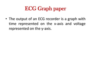 ECG Graph paper
• The output of an ECG recorder is a graph with
time represented on the x-axis and voltage
represented on the y-axis.
 