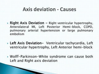  Right Axis Deviation - Right ventricular hypertrophy,
Anterolateral MI, Left Posterior Hemi-block, COPD,
pulmonary arterial hypertension or large pulmonary
embolism
 Left Axis Deviation- Ventricular tachycardia, Left
ventricular hypertrophy, Left Anterior hemi-block
 Wolff-Parkinson-White syndrome can cause both
Left and Right axis deviation
 