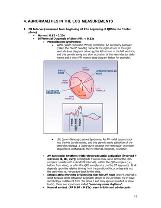 14
4. ABNORMALITIES IN THE ECG MEASUREMENTS
1. PR Interval (measured from beginning of P to beginning of QRS in the frontal
plane)
Normal: 0.12 - 0.20s
Differential Diagnosis of Short PR: < 0.12s
Preexcitation syndromes:
WPW (Wolff-Parkinson-White) Syndrome: An accessory pathway
(called the "Kent" bundle) connects the right atrium to the right
ventricle (see diagram below) or the left atrium to the left ventricle,
and this permits early and slow activation of the ventricles (a delta
wave) and a short PR interval (see diagram below for example).
LGL (Lown-Ganong-Levine) Syndrome: An AV nodal bypass track
into the His bundle exists, and this permits early activation of the
ventricles without a delta-wave because the ventricular activation
sequence is unchanged; the PR interval, however, is shorter.
AV Junctional Rhythms with retrograde atrial activation (inverted P
waves in II, III, aVF): Retrograde P waves may occur before the QRS
complex (usually with a short PR interval), within the QRS complex (i.e.,
hidden from view), or after the QRS complex (i.e., in the ST segment). It all
depends upon the relative timing from the junctional focus antegrade into
the ventricles vs. retrograde back to the atria.
Ectopic atrial rhythms originating near the AV node (the PR interval is
short because atrial activation originates closer to the AV node; the P wave
morphology is different from the sinus P and may appear inverted in some
leads); these are sometimes called “coronary sinus rhythms”.
Normal variant (PR 0.10 - 0.12s): seen in kids and adolescents
 