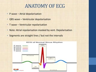 ANATOMY OF ECG
• P wave – Atrial depolarisation
• QRS wave – Ventricular depolarisation
• T wave – Ventricular repolarisation
• Note: Atrial repolarisation masked by vent. Depolarisation
• Segments are straight lines / but not the intervals
 