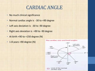 CARDIAC ANGLE
• No much clinical significance
• Normal cardiac angle is -30 to +90 degree
• Left axis deviation is -30 to -90 degree
• Right axis deviation is +90 to -90 degree
• At birth +90 to +150 degree (N)
• 1-8 years <90 degree (N)
 