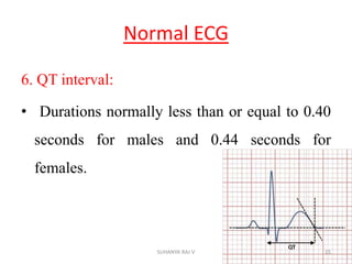 Normal ECG
6. QT interval:
• Durations normally less than or equal to 0.40
seconds for males and 0.44 seconds for
females.
15SUHANYA RAJ V
 