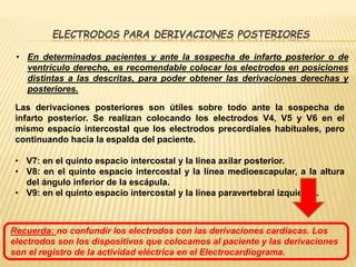 ELECTRODOS PARA DERIVACIONES POSTERIORES
• En determinados pacientes y ante la sospecha de infarto posterior o de
ventrículo derecho, es recomendable colocar los electrodos en posiciones
distintas a las descritas, para poder obtener las derivaciones derechas y
posteriores.
Las derivaciones posteriores son útiles sobre todo ante la sospecha de
infarto posterior. Se realizan colocando los electrodos V4, V5 y V6 en el
mismo espacio intercostal que los electrodos precordiales habituales, pero
continuando hacia la espalda del paciente.
• V7: en el quinto espacio intercostal y la línea axilar posterior.
• V8: en el quinto espacio intercostal y la línea medioescapular, a la altura
del ángulo inferior de la escápula.
• V9: en el quinto espacio intercostal y la línea paravertebral izquierda.
Recuerda: no confundir los electrodos con las derivaciones cardiacas. Los
electrodos son los dispositivos que colocamos al paciente y las derivaciones
son el registro de la actividad eléctrica en el Electrocardiograma.
 
