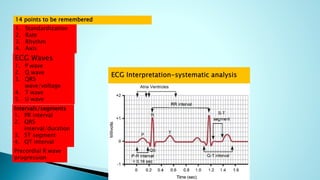 14 points to be remembered
1. Standardization
2. Rate
3. Rhythm
4. Axis
ECG Waves
1. P wave
2. Q wave
3. QRS
wave/voltage
4. T wave
5. U wave
Intervals/segments
1. PR interval
2. QRS
interval/duration
3. ST segment
4. QT interval
Precordial R wave
progression
 