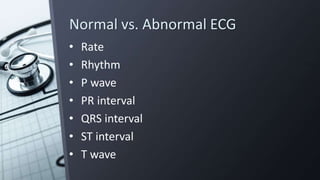 Normal vs. Abnormal ECG
• Rate
• Rhythm
• P wave
• PR interval
• QRS interval
• ST interval
• T wave
 