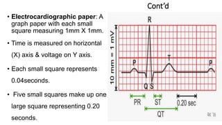 Cont’d
• Electrocardiographic paper: A
graph paper with each small
square measuring 1mm X 1mm.
• Time is measured on horizontal
(X) axis & voltage on Y axis.
• Each small square represents
0.04seconds.
• Five small squares make up one
large square representing 0.20
seconds.
 