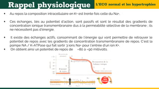 L’ECG normal et les hypertrophies
Rappel physiologique
 Au repos la composition intracellulaire en K+ est trente fois celle du Na+.
 Ces échanges, liés au potentiel d’action, sont passifs et sont le résultat des gradients de
concentration ionique transmembranaire dus à la perméabilité sélective de la membrane ; ils
ne nécessitent pas d’énergie.
 Il existe des échanges actifs, consommant de l’énergie qui vont permettre de retrouver le
potentiel de repos avec les gradients de concentration transmembranaire de repos. C’est la
pompe NA / K-ATPase qui fait sortir 3 ions Na+ pour l’entrée d’un ion K+.
 On obtient ainsi un potentiel de repos de –80 à –90 millivolts.
 
