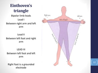 Einthoven's
triangle
Bipolar limb leads
Lead I
Between right arm and left
arm
Lead II
Between left foot and right
arm
LEAD III
Between left foot and left
arm
Right foot is a grounded
electrode
12
 