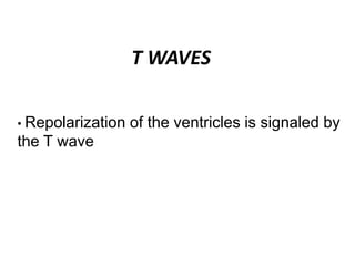 T WAVES
• Repolarization of the ventricles is signaled by
the T wave
 