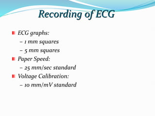 Recording of ECG
ECG graphs:
– 1 mm squares
– 5 mm squares
Paper Speed:
– 25 mm/sec standard
Voltage Calibration:
– 10 mm/mV standard
 