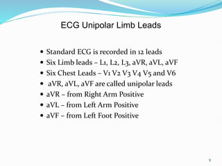 9
 Standard ECG is recorded in 12 leads
 Six Limb leads – L1, L2, L3, aVR, aVL, aVF
 Six Chest Leads – V1 V2 V3 V4 V5 and V6
 aVR, aVL, aVF are called unipolar leads
 aVR – from Right Arm Positive
 aVL – from Left Arm Positive
 aVF – from Left Foot Positive
ECG Unipolar Limb Leads
 