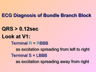 ECG Diagnosis of Bundle Branch Block
QRS > 0.12sec
Look at V1:
Terminal R = RBBB
as excitation spreading from left to right
Terminal S = LBBB
as excitation spreading away from right
 
