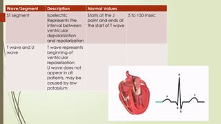 Wave/Segment Description Normal Values
ST segment Isoelectric
Represents the
interval between
ventricular
depolarization
and repolarization
Starts at the J
point and ends at
the start of T wave
5 to 150 msec
T wave and U
wave
T wave represents
beginning of
ventricular
repolarization
U wave does not
appear in all
patients, may be
caused by low
potassium
 