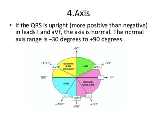 4.Axis
• If the QRS is upright (more positive than negative)
in leads I and aVF, the axis is normal. The normal
axis range is –30 degrees to +90 degrees.
 