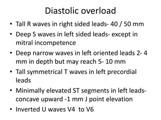 Diastolic overload
• Tall R waves in right sided leads- 40 / 50 mm
• Deep S waves in left sided leads- except in
mitral incompetence
• Deep narrow waves in left oriented leads 2- 4
mm in depth but may reach 5- 10 mm
• Tall symmetrical T waves in left precordial
leads
• Minimally elevated ST segments in left leads-
concave upward -1 mm J point elevation
• Inverted U waves V4 to V6
 