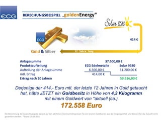 BERECHUNGSBEISPIEL „goldenEnergy“




                                                                                                                                   414 €


                           Gold & Silber                                 12 Jahre lang



                Anlagesumme                                                                      37.500,00 €
                Produktaufteilung                                                   ECG Edelmetalle       Solar 9580
                Aufteilung der Anlagesumme                                            6.300,00 €          31.200,00 €
                mtl. Ertrag                                                             414,00 €
                Ertrag nach 20 Jahren                                                                     59.616,00 €

          Derjenige der 414,- Euro mtl. der letzte 12 Jahren in Gold getaucht
            hat, hätte JETZT ein Goldbesitz in Höhe von 4,3 Kilogramm
                         mit einem Goldwert von *aktuell (ca.)
                                                          172.558 Euro
Die Berechnung der Gewichtsangabe basiert auf den jährlichen Durchschnittspreisen für ein Gramm-Goldbarren aus der Vergangenheit und können für die Zukunft nicht
garantiert werden. *Stand: 29.09.2011
 