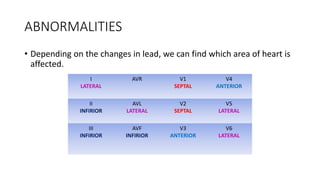 ABNORMALITIES
• Depending on the changes in lead, we can find which area of heart is
affected.
I
LATERAL
AVR V1
SEPTAL
V4
ANTERIOR
II
INFIRIOR
AVL
LATERAL
V2
SEPTAL
V5
LATERAL
III
INFIRIOR
AVF
INFIRIOR
V3
ANTERIOR
V6
LATERAL
 