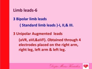 Limb leads-6
3 Bipolar limb leads
( Standard limb leads )-I, II,& III.
3 Unipolar Augmented leads
(aVR, aVL&aVF). Obtained through 4
electrodes placed on the right arm,
right leg, left arm & left leg.
 