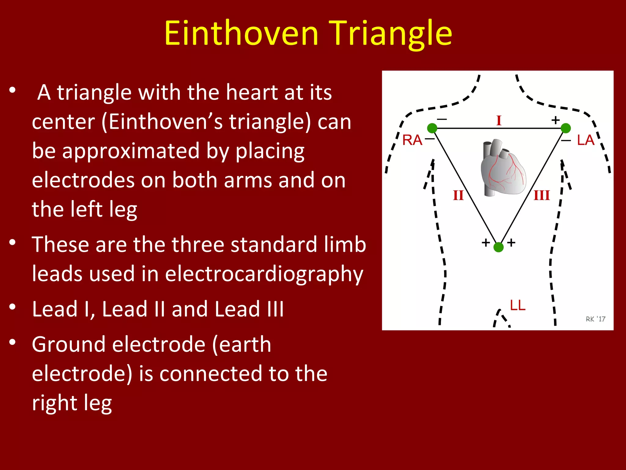 Einthoven Triangle
• A triangle with the heart at its
center (Einthoven’s triangle) can
be approximated by placing
electrodes on both arms and on
the left leg
• These are the three standard limb
leads used in electrocardiography
• Lead I, Lead II and Lead III
• Ground electrode (earth
electrode) is connected to the
right leg
 