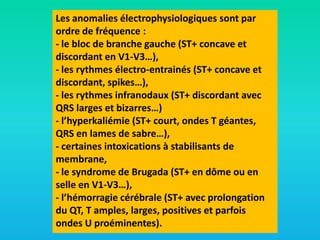 Les anomalies électrophysiologiques sont par
ordre de fréquence :
- le bloc de branche gauche (ST+ concave et
discordant en V1-V3…),
- les rythmes électro-entrainés (ST+ concave et
discordant, spikes…),
- les rythmes infranodaux (ST+ discordant avec
QRS larges et bizarres…)
- l’hyperkaliémie (ST+ court, ondes T géantes,
QRS en lames de sabre…),
- certaines intoxications à stabilisants de
membrane,
- le syndrome de Brugada (ST+ en dôme ou en
selle en V1-V3…),
- l’hémorragie cérébrale (ST+ avec prolongation
du QT, T amples, larges, positives et parfois
ondes U proéminentes).

 