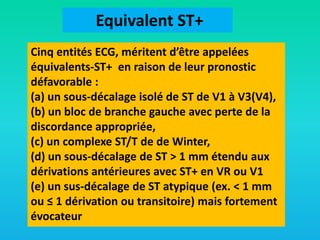 Equivalent ST+
Cinq entités ECG, méritent d’être appelées
équivalents-ST+ en raison de leur pronostic
défavorable :
(a) un sous-décalage isolé de ST de V1 à V3(V4),
(b) un bloc de branche gauche avec perte de la
discordance appropriée,
(c) un complexe ST/T de de Winter,
(d) un sous-décalage de ST > 1 mm étendu aux
dérivations antérieures avec ST+ en VR ou V1
(e) un sus-décalage de ST atypique (ex. < 1 mm
ou ≤ 1 dérivation ou transitoire) mais fortement
évocateur

 