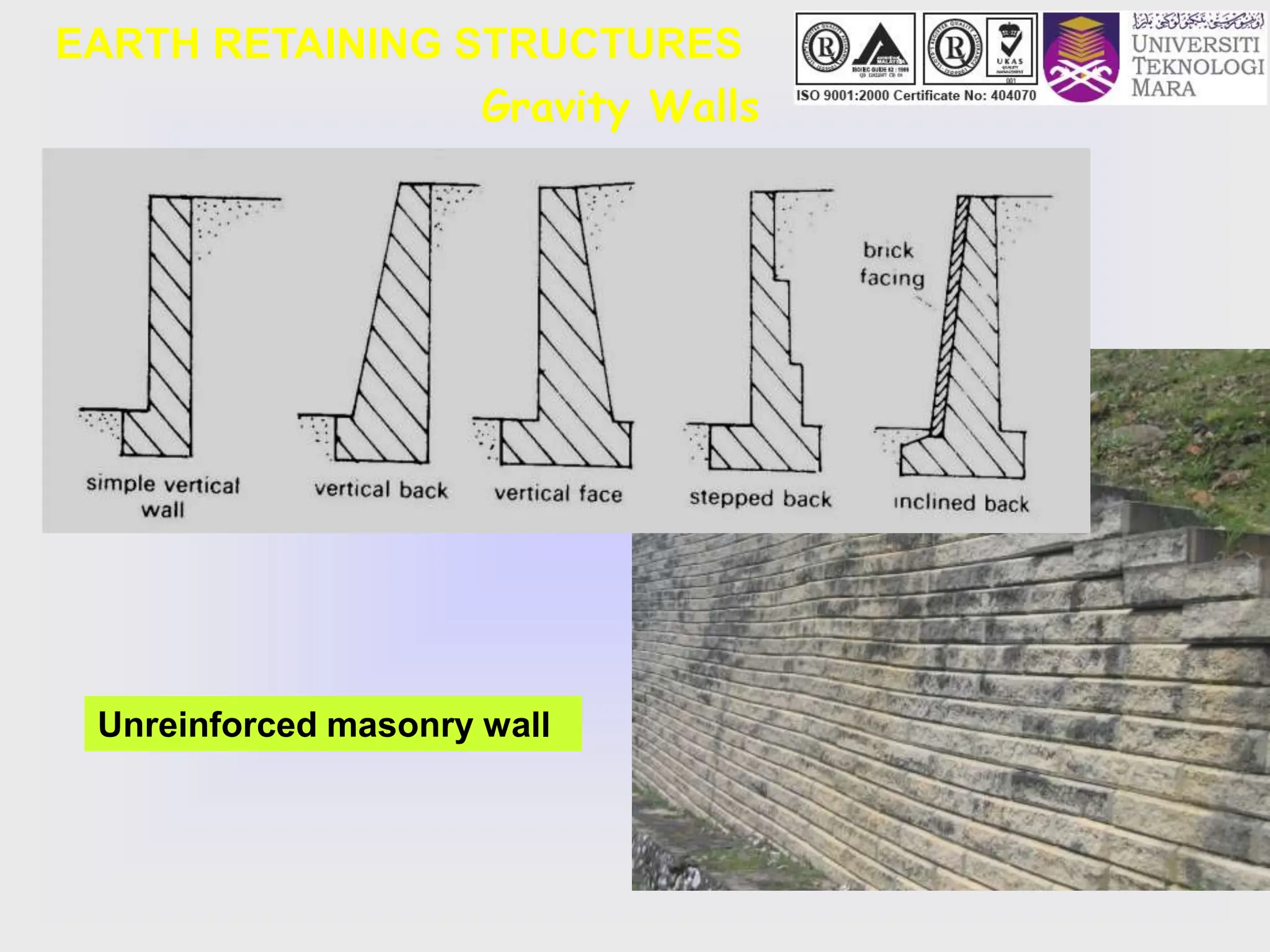 Gravity Walls
Unreinforced masonry wall
EARTH RETAINING STRUCTURES
 