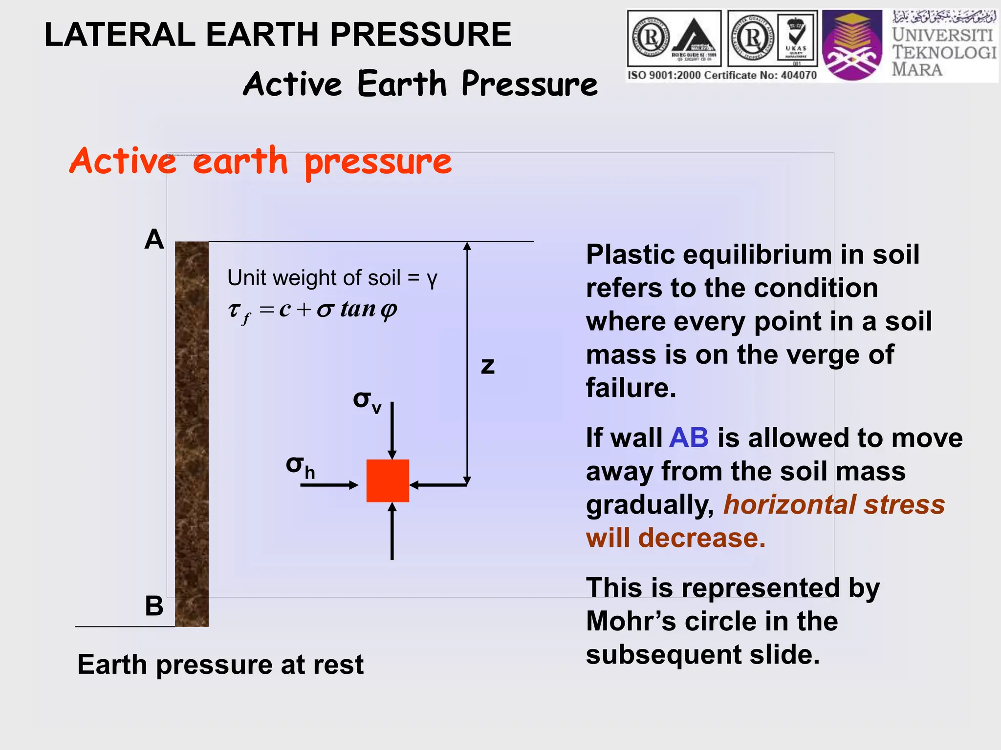 LATERAL EARTH PRESSURE
Active Earth Pressure
Active earth pressure
Earth pressure at rest
z
σv
σh
A
B
Plastic equilibrium in soil
refers to the condition
where every point in a soil
mass is on the verge of
failure.
If wall AB is allowed to move
away from the soil mass
gradually, horizontal stress
will decrease.
This is represented by
Mohr’s circle in the
subsequent slide.
Unit weight of soil = γ


 tan
c
f 

 