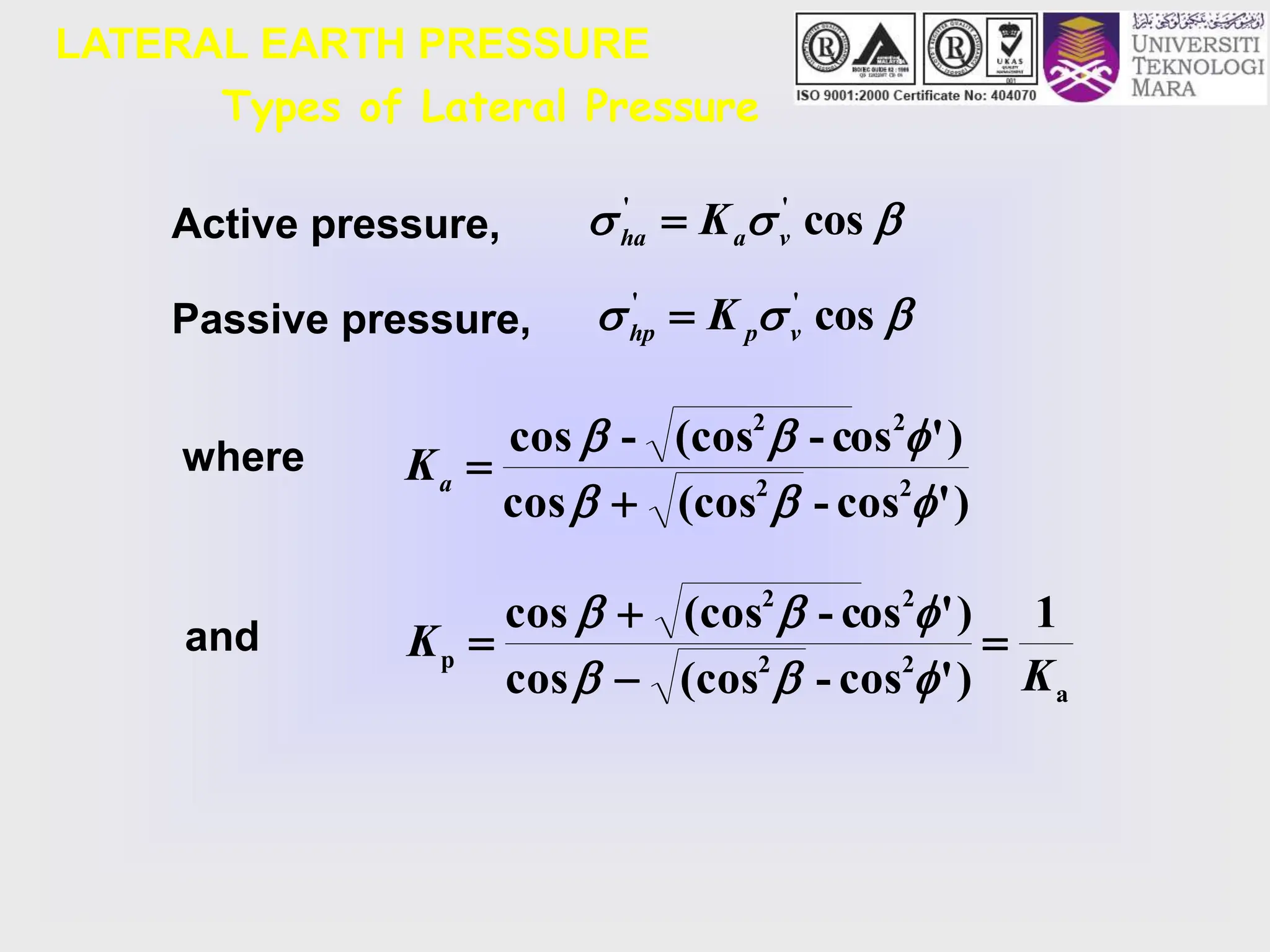 LATERAL EARTH PRESSURE
Types of Lateral Pressure
Active pressure,
Passive pressure,


 cos
'
'
v
a
ha K



 cos
'
'
v
p
hp K

where
)
'
cos
-
(cos
cos
)
'
os
c
-
(cos
-
cos
2
2
2
2








a
K
a
2
2
2
2
p
1
)
'
cos
-
(cos
cos
)
'
os
c
-
(cos
cos
K
K 









and
 