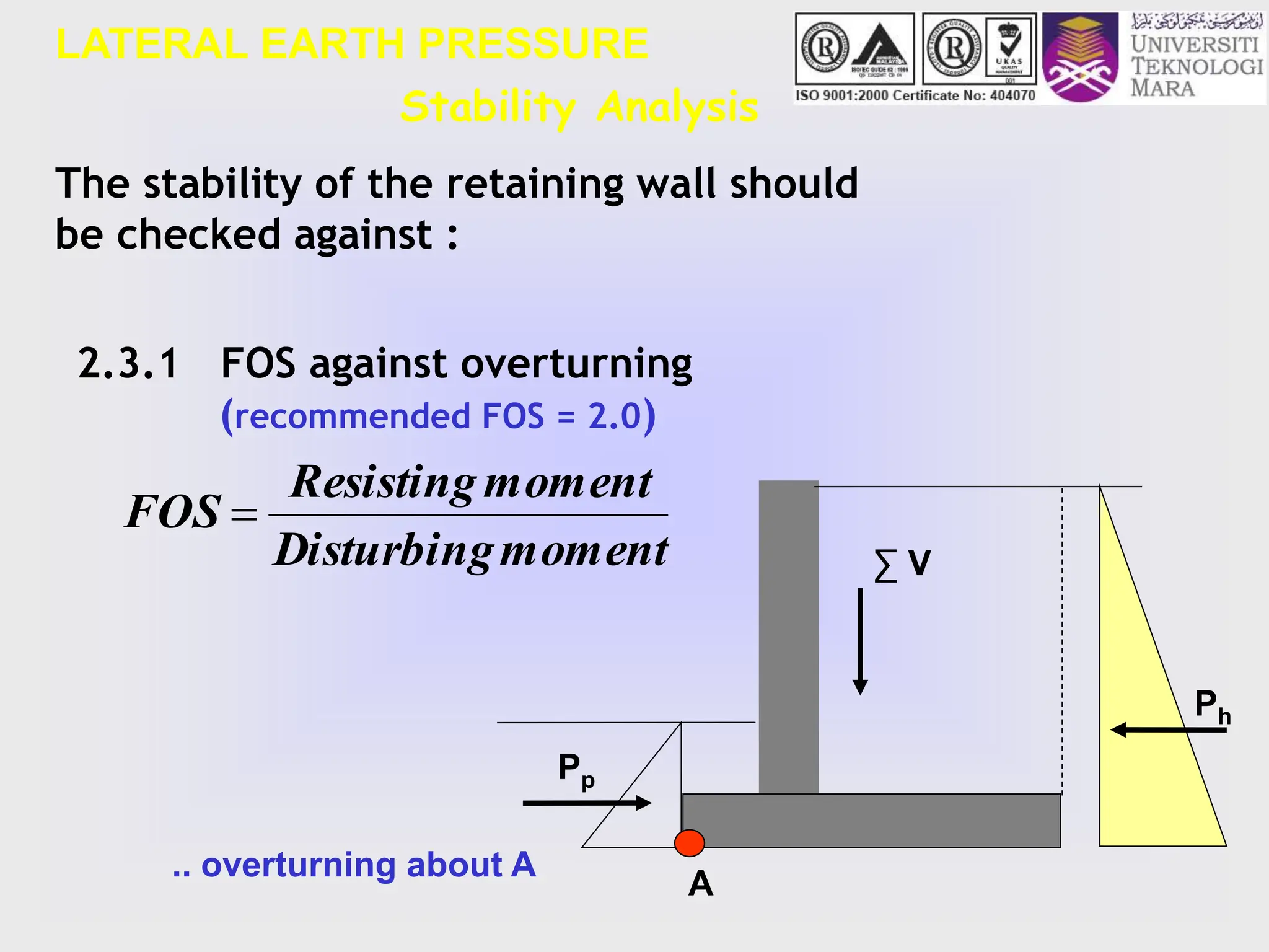 LATERAL EARTH PRESSURE
Stability Analysis
Pp
Ph
∑ V
A
The stability of the retaining wall should
be checked against :
2.3.1 FOS against overturning
(recommended FOS = 2.0)
moment
Disturbing
moment
Resisting
FOS 
.. overturning about A
 