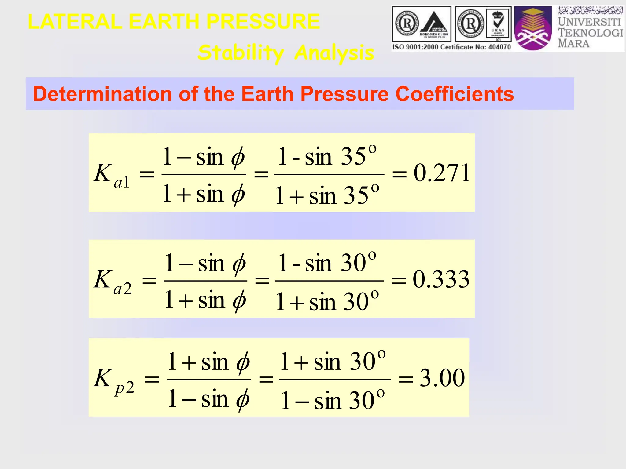 LATERAL EARTH PRESSURE
Stability Analysis
271
.
0
35
sin
1
35
sin
-
1
sin
1
sin
1
o
o
1 







a
K
333
.
0
30
sin
1
30
sin
-
1
sin
1
sin
1
o
o
2 







a
K
00
.
3
30
sin
1
30
sin
1
sin
1
sin
1
o
o
2 








p
K
Determination of the Earth Pressure Coefficients
 