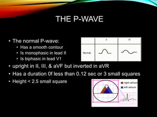 THE P-WAVE
• The normal P-wave:
• Has a smooth contour
• Is monophasic in lead II
• Is biphasic in lead V1
• upright in II, III, & aVF but inverted in aVR
• Has a duration 0f less than 0.12 sec or 3 small squares
• Height ˂ 2.5 small square
 