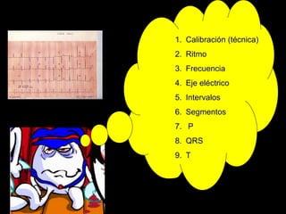 1. Calibración (técnica)
2. Ritmo
3. Frecuencia
4. Eje eléctrico
5. Intervalos
6. Segmentos
7. P
8. QRS
9. T
 