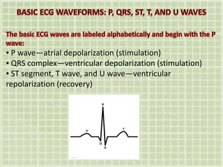 ▪ P wave—atrial depolarization (stimulation)
▪ QRS complex—ventricular depolarization (stimulation)
▪ ST segment, T wave, and U wave—ventricular
repolarization (recovery)
 