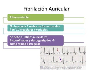 Fibrilación Auricular
Ritmo variable
No hay onda P reales, se forman ondas
f en V1 irregulares y variables
Se debe a latidos auriculares
incoordinados y desorganizados 
ritmo rápido e irregular
 