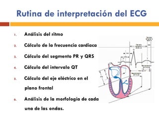 Rutina de interpretación del ECG
1.  Análisis del ritmo
2.  Cálculo de la frecuencia cardiaca
3.  Cálculo del segmento PR y QRS
4.  Cálculo del intervalo QT
5.  Cálculo del eje eléctrico en el
plano frontal
6.  Análisis de la morfología de cada
una de las ondas.
 