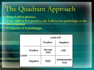 The Quadrant Approach
1. When LAD is present,
2. If the QRS in II is positive, the LAD is non-pathologic or the
axis is normal
3. If negative, it is pathologic.
 