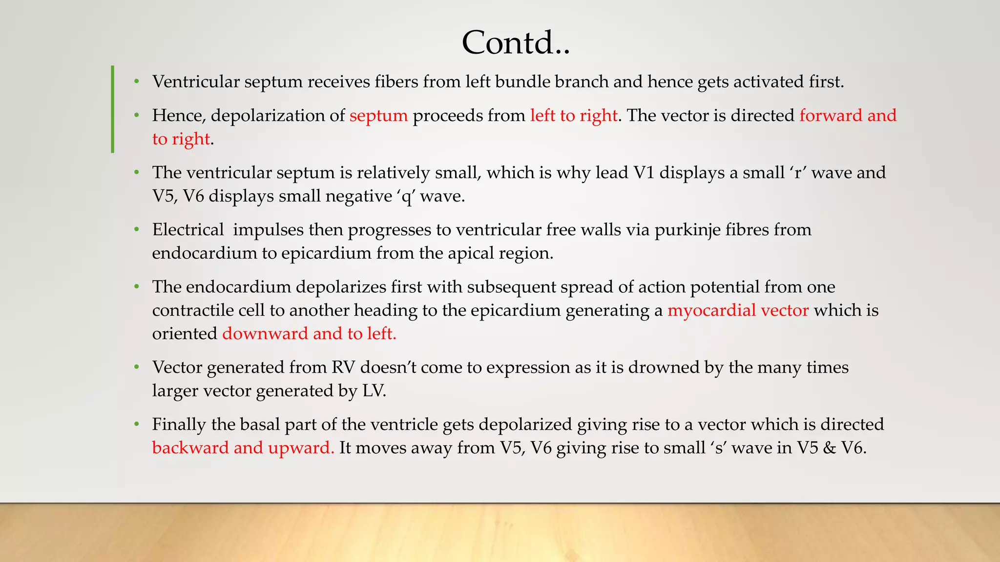Contd..
• Ventricular septum receives fibers from left bundle branch and hence gets activated first.
• Hence, depolarization of septum proceeds from left to right. The vector is directed forward and
to right.
• The ventricular septum is relatively small, which is why lead V1 displays a small ‘r’ wave and
V5, V6 displays small negative ‘q’ wave.
• Electrical impulses then progresses to ventricular free walls via purkinje fibres from
endocardium to epicardium from the apical region.
• The endocardium depolarizes first with subsequent spread of action potential from one
contractile cell to another heading to the epicardium generating a myocardial vector which is
oriented downward and to left.
• Vector generated from RV doesn’t come to expression as it is drowned by the many times
larger vector generated by LV.
• Finally the basal part of the ventricle gets depolarized giving rise to a vector which is directed
backward and upward. It moves away from V5, V6 giving rise to small ‘s’ wave in V5 & V6.
 
