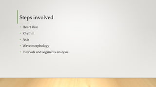 Steps involved
• Heart Rate
• Rhythm
• Axis
• Wave morphology
• Intervals and segments analysis
 