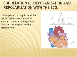 It is important to keep in mind that
the ECG shows only electrical
activity; it tells us nothing about
how well the heart is working
mechanically.
 