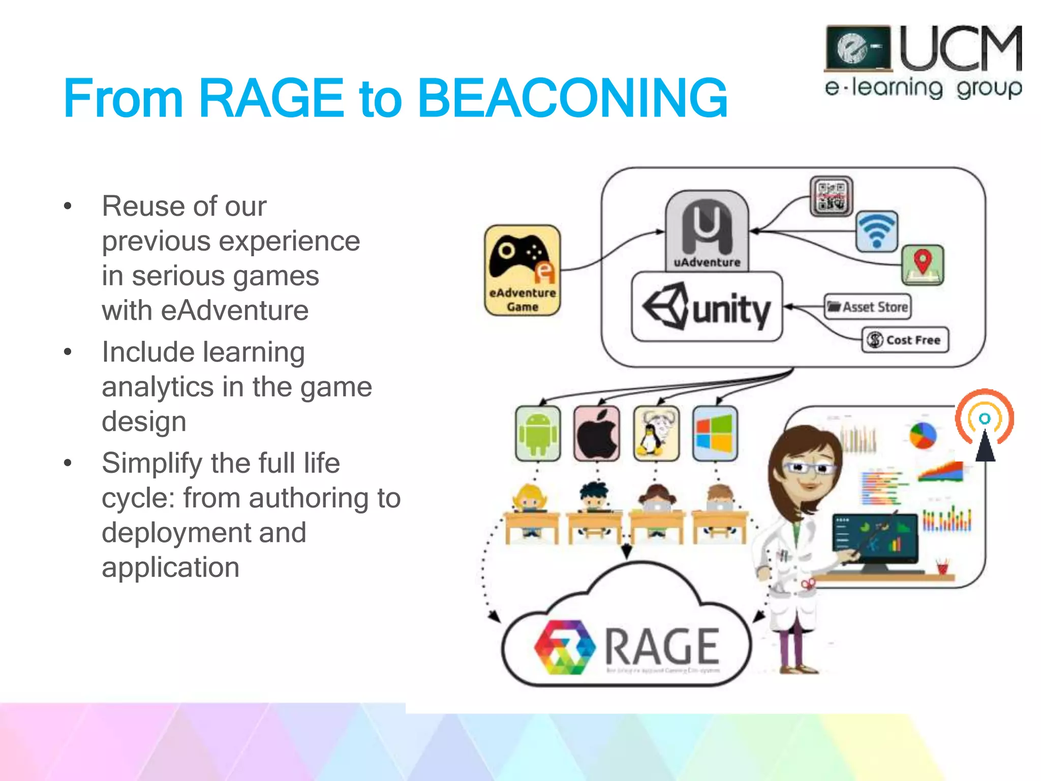 From RAGE to BEACONING
• Reuse of our
previous experience
in serious games
with eAdventure
• Include learning
analytics in the game
design
• Simplify the full life
cycle: from authoring to
deployment and
application
 