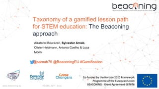 www.beaconing.eu ECGBL 2017, Graz
Taxonomy of a gamified lesson path
for STEM education: The Beaconing
approach
Aikaterini Bourazeri, Sylvester Arnab,
Olivier Heidmann, Antonio Coelho & Luca
Morini
@sarnab75 @BeaconingEU #Gamification
 