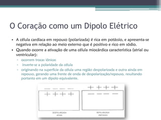 O Coração como um Dipolo Elétrico
• A célula cardíaca em repouso (polarizada) é rica em potássio, e apresenta-se
  negativa em relação ao meio externo que é positivo e rico em sódio.
• Quando ocorre a ativação de uma célula miocárdica característica (atrial ou
  ventricular):
   ▫ ocorrem trocas iônicas
   ▫ inverte-se a polaridade da célula
   ▫ originando na superfície da célula uma região despolarizada e outra ainda em
     repouso, gerando uma frente de onda de despolarização/repouso, resultando
     portanto em um dipolo equivalente.
 