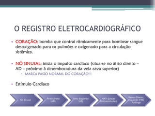 O REGISTRO ELETROCARDIOGRÁFICO
• CORAÇÃO: bomba que contrai ritmicamente para bombear sangue
  desoxigenado para os pulmões e oxigenado para a circulação
  sistêmica.

• NÓ SINUSAL: inicia o impulso cardíaco (situa-se no átrio direito –
  AD – próximo à desembocadura da veia cava superior)
      MARCA PASSO NORMAL DO CORAÇÃO!!!


• Estímulo Cardíaco

                                                                       Ramos Direito,
                  Átrio Direito   Átrio Esquerdo     NAV (junção
    Nó Sinusal                                                         Esquerdo (HIS)
                      (AD)             (AE)        atrioventricular)
                                                                          Purkinge
 
