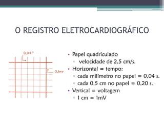 O REGISTRO ELETROCARDIOGRÁFICO

           • Papel quadriculado
             ▫ velocidade de 2,5 cm/s.
           • Horizontal = tempo:
             ▫ cada milímetro no papel = 0,04 s.
             ▫ cada 0,5 cm no papel = 0,20 s.
           • Vertical = voltagem
             ▫ 1 cm = 1mV
 