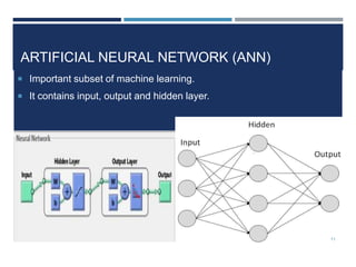 ARTIFICIAL NEURAL NETWORK (ANN)
 Important subset of machine learning.
 It contains input, output and hidden layer.
11
 