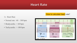 1) Heart Rate
▪ Normal rate : 60 – 100 bpm
▪ Bradycardia : < 60 bpm
▪ Tachycardia : > 100 bpm
How to calculate heart rate?
 