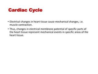 Cardiac Cycle
• Electrical changes in heart tissue cause mechanical changes, i.e.
muscle contraction.
• Thus, changes in electrical membrane potential of specific parts of
the heart tissue represent mechanical events in specific areas of the
heart tissue.
 