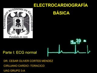 ELECTROCARDIOGRAFÍA

BÁSICA

Parte I: ECG normal
DR. CESAR OLIVER CORTES MENDEZ
CIRUJANO CARDIO -TORACICO
UAG GRUPO 3-A

DR. CESAR OLIVER CORTES
MENDEZ

 